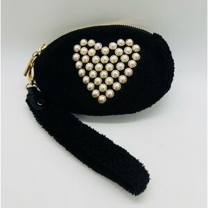 btb Los Angeles Simone fuzzy black wristlet with pearl heart and gold hardware